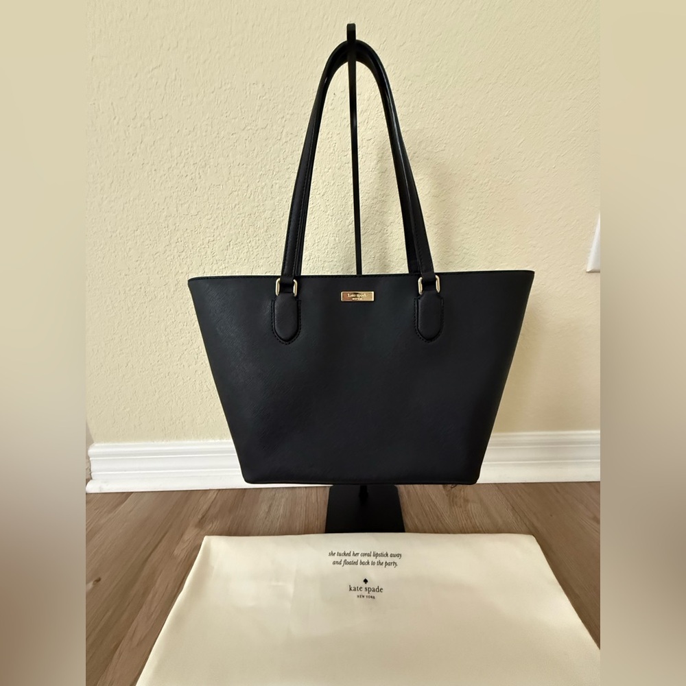 kate spade black leather tote with gold-tone logo